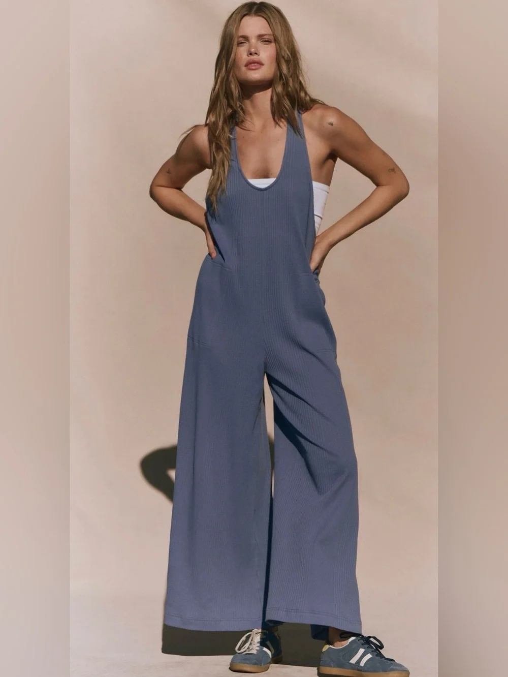 NWT Free People S Free~est Zena 1 Piece Jumpsuit in Rainfall Blue Cotton Pockets